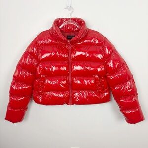 Current Mood x Dolls Kill Hellbent Heart Patent Vinyl Puffer Jacket Red Large